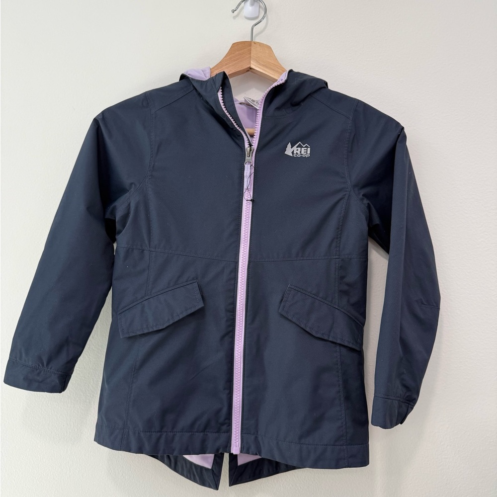REI Kids Navy Raincoat with Light Purple Zipper